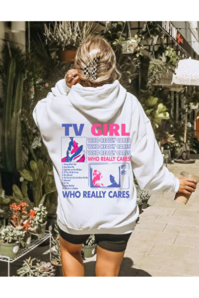 Aesthia Hanorac alb unisex cu glugă TV Girl cu fermoar - Portofelul nou albume