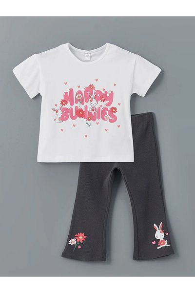 LC Waikiki Lcw Kids White Printed Girls' Sweatshirt and Leggings Pants 2 Pcs