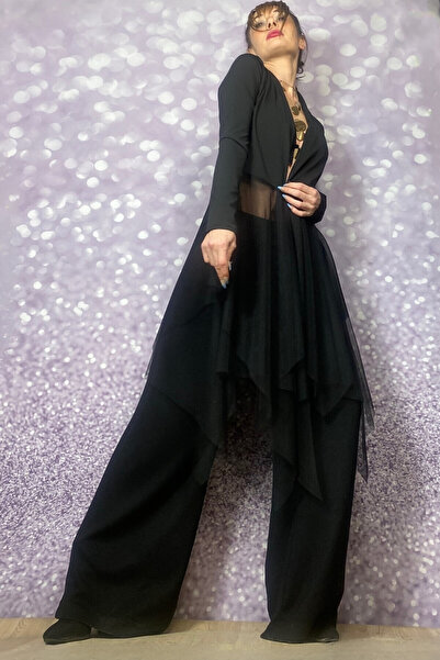 Quincey TÜL DETAYLI ASİMETRİK KESİM SCUBA SİYAH CEKET