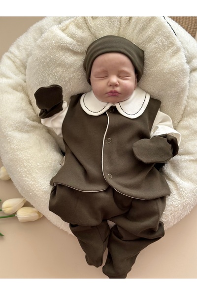 Mama Miel Baby Yelekli Hastane Çıkışı Set - Haki / (Yelek, Pantolon, Body, Be...