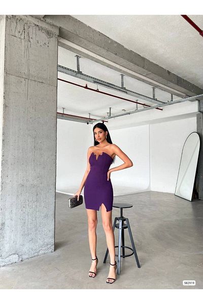 Trendusfashion Rochie de seară mini cu decolteu cu inimă fără bretele pentru femei - Design elegant cu detaliu cu fante