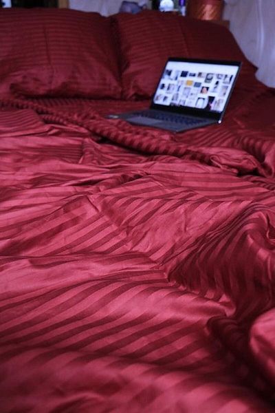 Tekstil Home Luxury Hotel Series Single Fitted Sheet Striped Cotton Satin Duvet Cover Set Claret Red