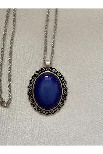 HEDİYEM EVİME İznik Çini Kolye Mavi Renkli Model El Boyaması Gümüş Renk