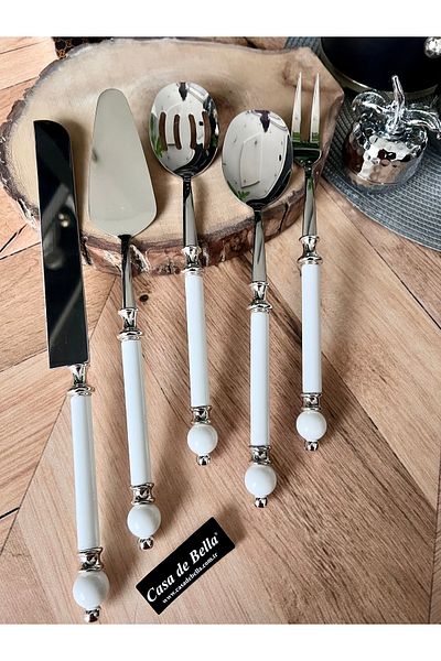 CASA DE BELLA Silver Stripe 5 Piece Serving Set with Bead Figure