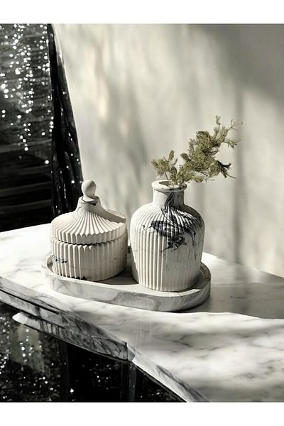 Trust Stone Decorative Concrete 3-Piece Bathroom Set, Cotton Holder, Ear Organizer, Organizer, Jewelry Box