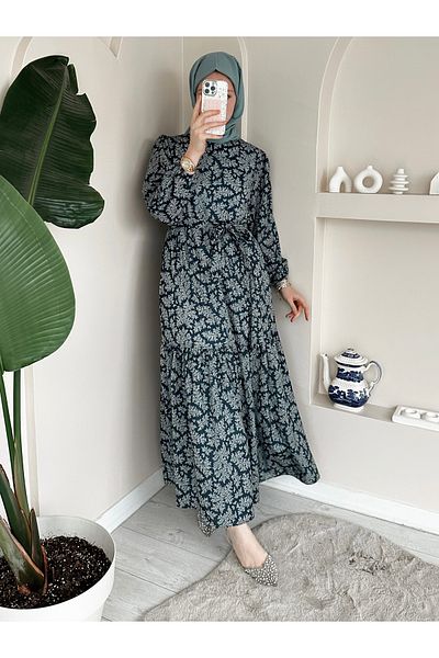 ModaAycan Navy Blue Layered Print Twig Dress - Ma275