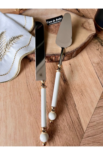 CASA DE BELLA Gold Şeritli 2 Parça Boncuk Figürlü Spatula Bıçak Servis Seti