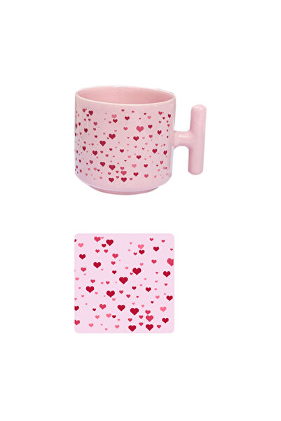 Elbasan Tekstil Pink Heart Mug and Mug Pad Gift Mug, Pink Mug, Mug for Valentine's Day,