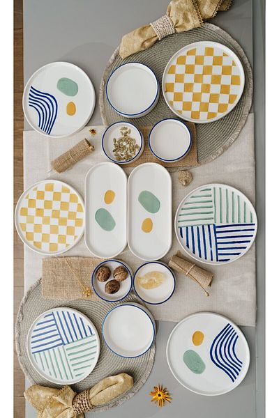 Kevin Seramik Hand Made 14 Piece Modern Breakfast Set for 6 People & Luxury Presentation Serving Plates