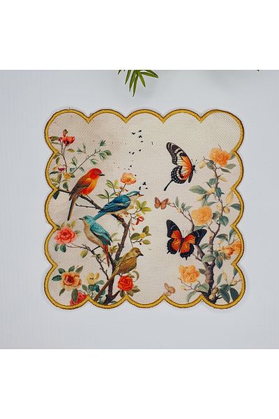 DECO Digital Printed Embroidered Cocktail Napkin with Birds and Butterflies on Branches