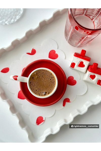 DECO Heart Patterned Red Cocktail Napkin - Fabric