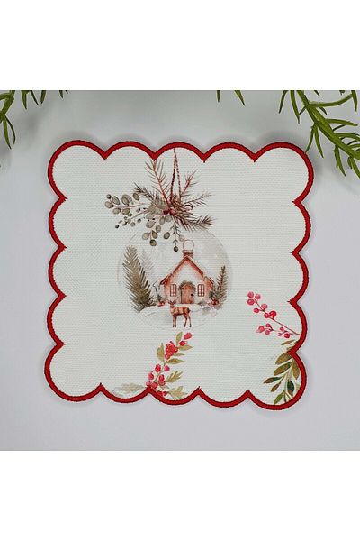 DECO Water Color Christmas Globe Patterned Cocktail Napkin with Red Embroidery Edge