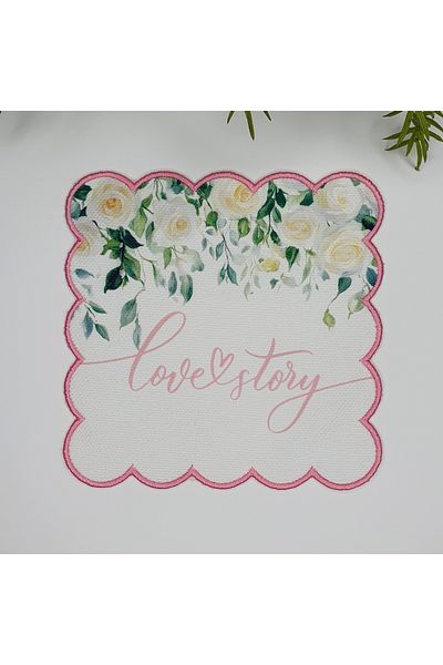 DECO White Rose Patterned Embroidery Edge Cocktail Napkin with Love Story Slogan 1 Piece