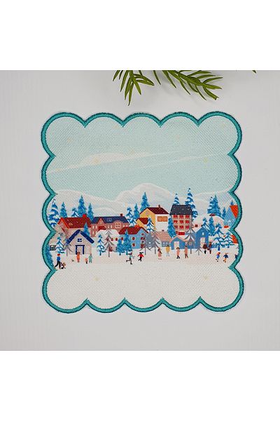 DECO First Morning of the Year Snow Theme Patterned Digital Printed Embroidered Cocktail Napkin