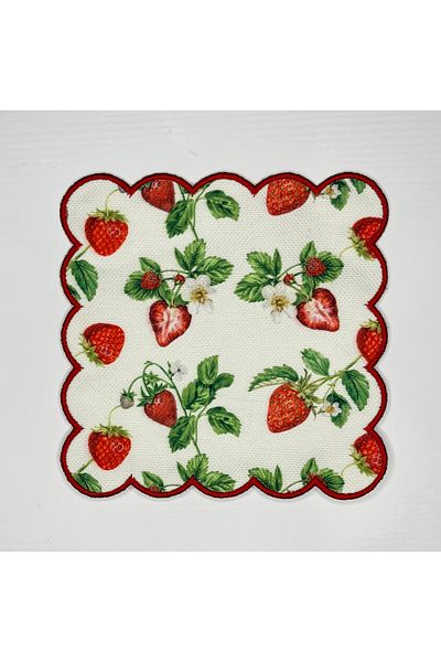 DECO Strawberry Garden Patterned Red Embroidered Digital Printed Decorative Cocktail Napkins - Edge Embroidered