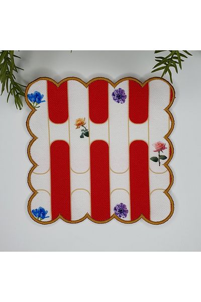 DECO Geometric Reddish Stripe Patterned Fabric Cocktail Napkin with Embroidery Around 1 Piece