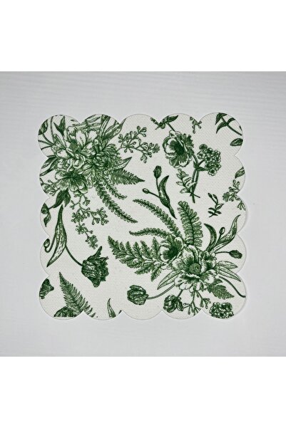 DECO Yeşil Çiçek Tolie De Jouy  Desenli Dijital Baskılı Kokteyl Peçetesi Yıkanabilir Lazer Kesimli