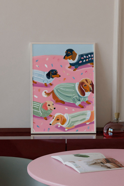 Alf Portraits Pijamalı Sosis Köpekler Çerçevesiz Poster Vintage Dachshund Baskı