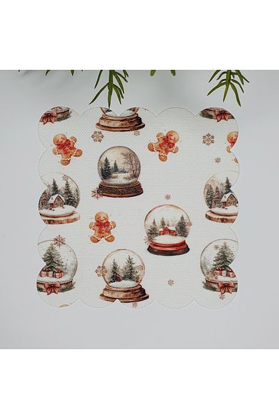 DECO New Year's Concept Laser Cut Fabric Cocktail Napkin with Snow Globes and Cookie Man 1 Piece