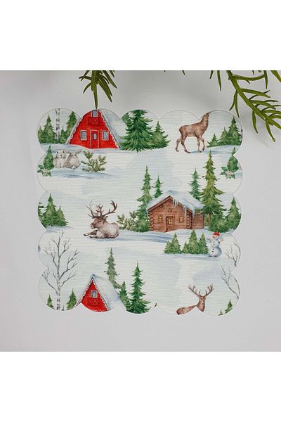 DECO New Year's Deer Snowman Winter View Laser Cut Washable Cocktail Napkin