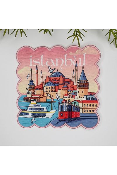 DECO Hand Drawing Istanbul Themed Embroidery Edge Cocktail Napkin 1 Piece