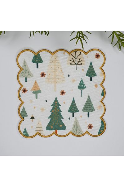 DECO Elegant Pine Trees Christmas Themed Embroidery Edge Cocktail Napkin 1 Piece
