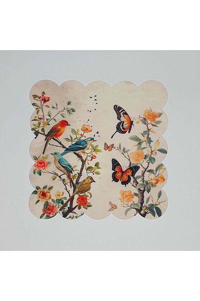 DECO Digital Printed Laser Cut Cocktail Napkin with Birds and Butterflies on Branches
