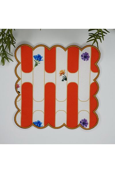 DECO Orange Geometric Stripe Pattern Embroidery Edge Digital Printed Fabric Cocktail Napkin 1 Piece
