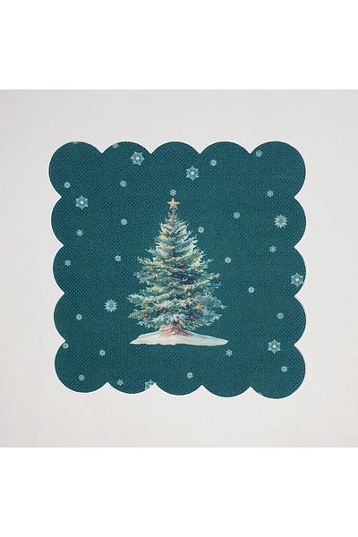 DECO Christmas Pine Tree Patterned Green Digital Printed Laser Cut Cocktail Napkin