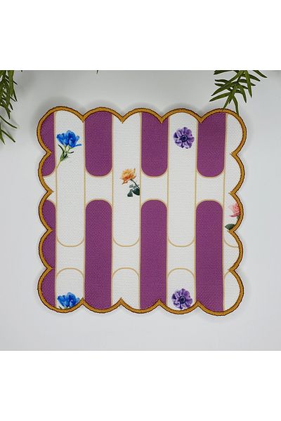 DECO Geometric Purple Stripe Patterned Fabric Cocktail Napkin with Embroidery Around 1 Piece