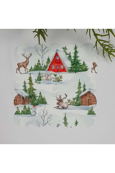 DECO New Year's Deer Snowman Winter View Laser Cut Washable Cocktail Napkin