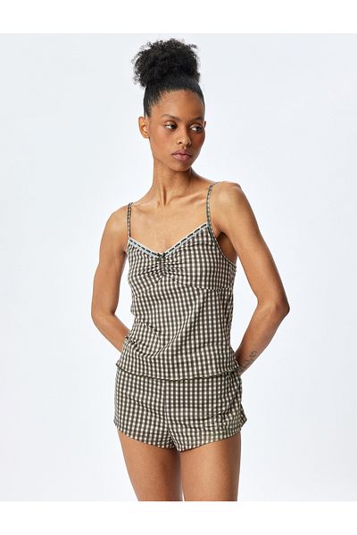 Koton New Season V-Neck Thin Strap Gingham Patterned Pajama Top