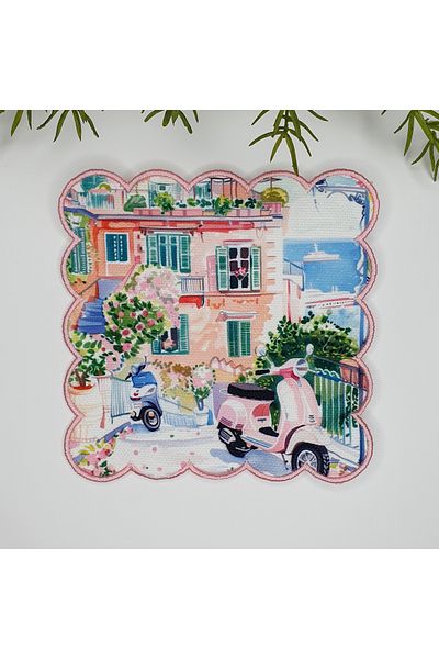 DECO Watercolor Italy Street Design Embroidery Edge Cocktail Napkin 1 Piece