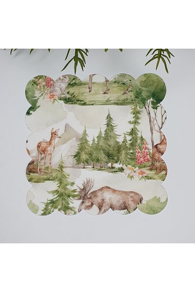 DECO Watercolor Forest and Deer Pattern Laser Cut Fabric Cocktail Napkin 1 Piece