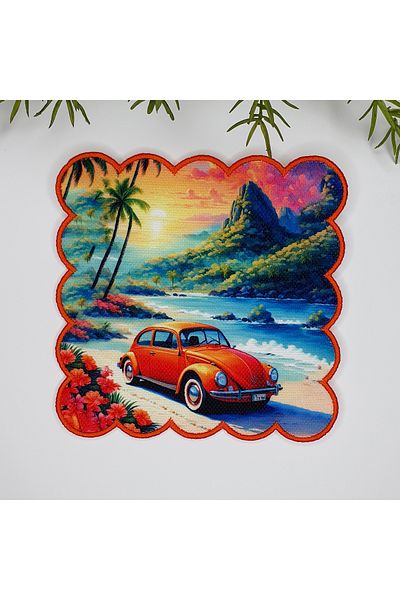 DECO Embroidery Edge Cocktail Napkin with Orange Vintage Car and Seaside Design 1 Piece
