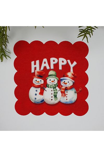 DECO Red Background Three Snowmen and Slogan Pattern Digital Printed Fabric Cocktail Napkin 1 Piece
