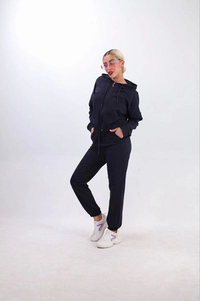Barış Beauty Modavera Two Thread Hooded Zippered Crop Oversize Cardigan Suit - Navy Blue