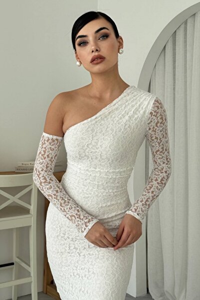 bayansepeti White Asymmetrical Neckline One Shoulder Lace Dress 364 - Lined and Pencil Cut