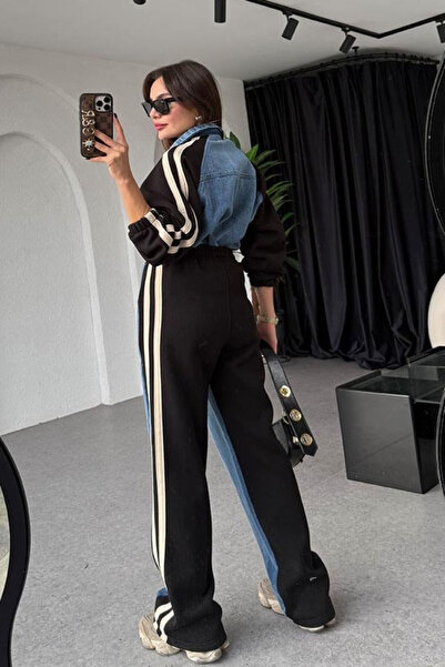 trendalisse Women's Denim Garnished Stripe Palazzo Bottom Top Suit