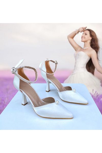 Gloriys Ayakkabı & Çanta Pantofi cu toc Sedef din satin cu o singură perlă 01311