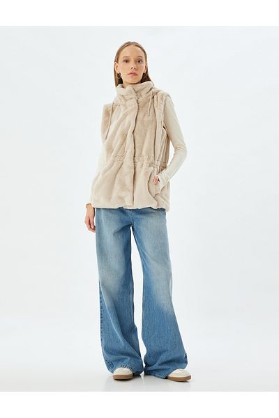Koton Beige Women's Faux Fur Vest