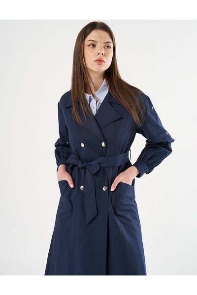 KYR Erkek Yaka Kuşaklı Trençkot Koyu Lacivert