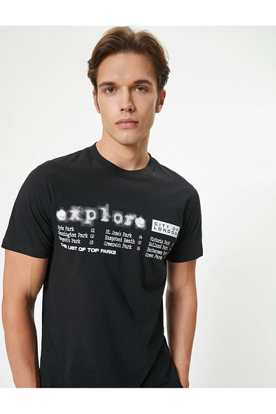 Koton Black Men's Slogan Printed T-Shirt