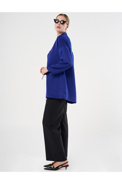 Kayra Saks Color Shiny Buttoned Stand Collar Tunic