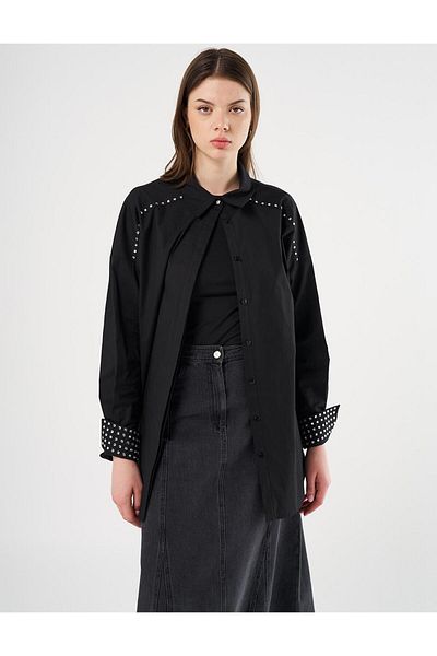 Kayra Black Poplin Tunic - Stone Embroidered