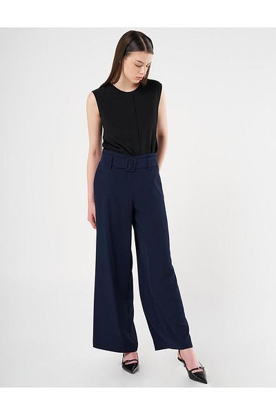 Kayra Classic Trousers with Belt Detail Dark Navy Blue
