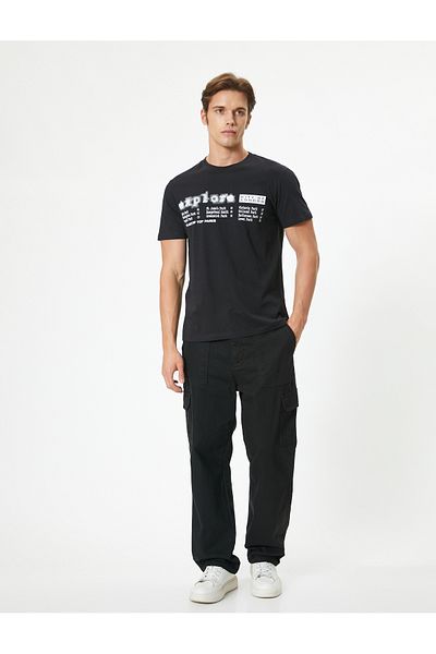 Koton Black Men's Slogan Printed T-Shirt