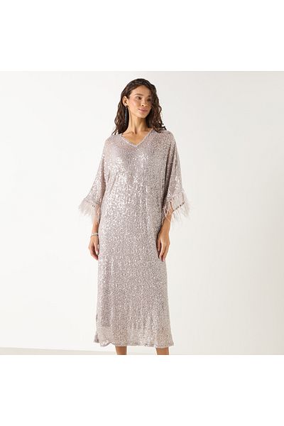Iconic Sequin Embellished V-neck Dress With Fringed 3/4 Sleeves