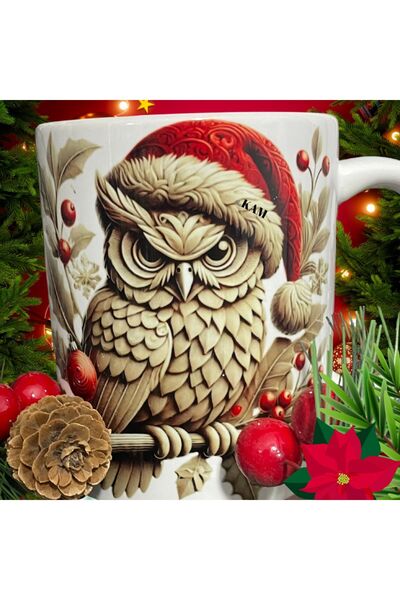 thekam Baykuş Yılbaşı Tasarımlı Kupa Bardak - Noel / Yeni Yıl Tasarımlı Kam Porselen Kupa Bardak