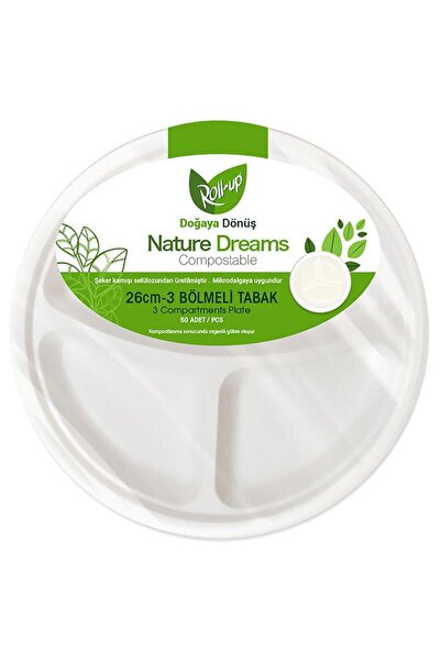 Roll-Up Nature Ekolojik Karton Kağıt Tek Kullanımlık 3 Bölmeli Tabak - 26 Cm. - 50 Adetlik 3 Paket